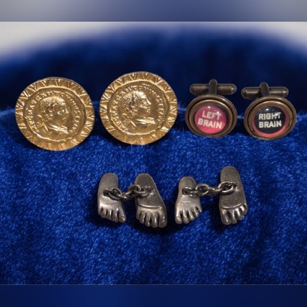 Vintage Cufflinks Bundle Human Feet, Left/Right Brain, Greek Coin EUC